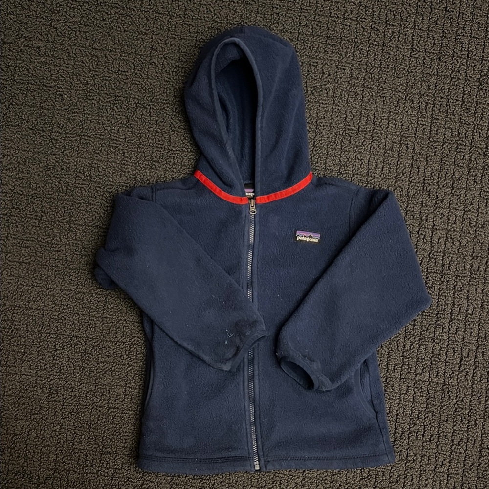 Patagonia 4T synchilla navy Blue Fleece Hoodie with Red Trim